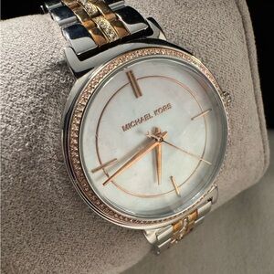 Michael Kors 925 Silver & Gold Watch w/Mother Pearl Face & Crystal Accents Bezel